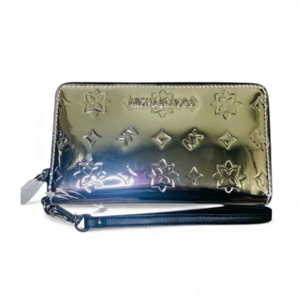 NWT ULTRA RARE MICHAEL KORS SILVER METALLIC MIRROR JET SET TRAVEL WRISTLET